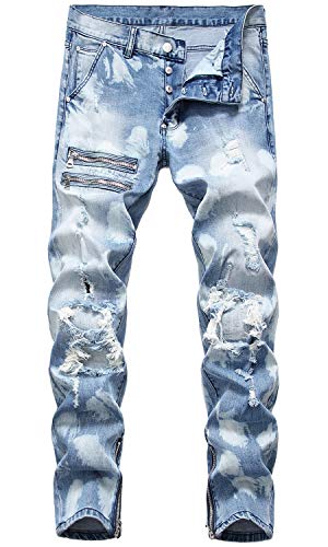 HENGAO Mens Ripped Skinny Slim Fit Stretch Jeans, Fashion Distressed Destroyed Comfort Straight Leg Denim Pants, 1161 Light Blue, 34