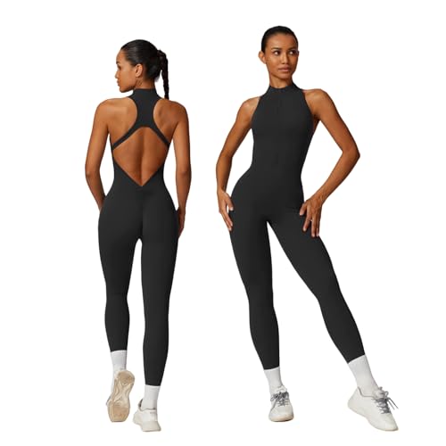 Running sanzi Sleeveless Workout Jumpsuit for Women Zip Up Romper Shorts V Back Scrunch Sexy One Piece (#1 Black, Small, Leggings)