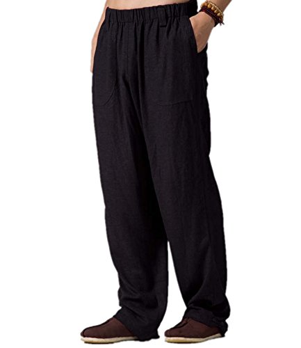 ZanYing Buddhist Meditation Casual Men Pants Linen Loose Monk Pants (XL, Black)