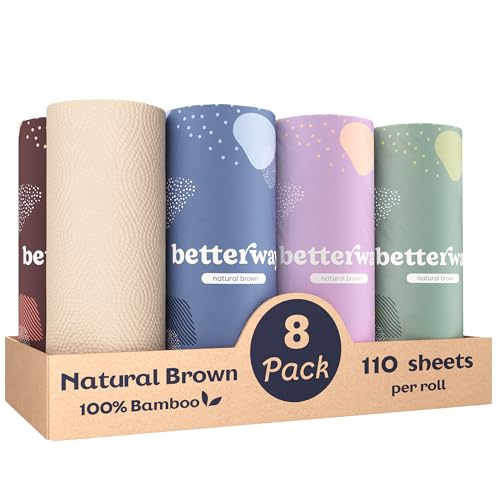 Betterway Bamboo Natural Brown Paper Towels - 8 Rolls, 2 Ply, 110 sheets - Plastic Free, Disposable Kitchen Paper Towels - Select Size, Tree Free, Compostable, Strong & Absorbent