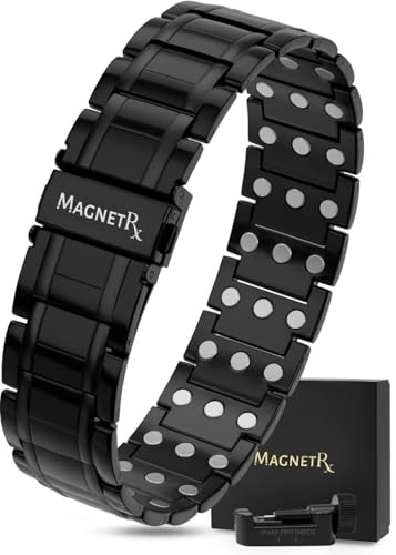 MagnetRX 3x Strength Magnetic Bracelets for Men – Effective Titanium Mens Magnetic Bracelet – Premium Fold–over Clasp & Adjustable Length with Sizing Tool & Gift Box (Black)