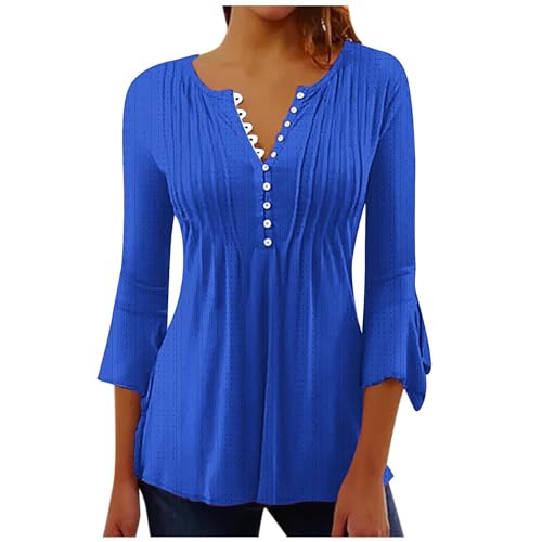 Blouses for Women Dressy Casual 3/4 Length Summer Tops Button Henley Neck Floral Print Loose Fit Tunic Shirts