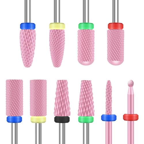 Depvko 10PCS Ceramic Nail Drill Bits, Professional 3/32 inch Electric Manicure Pedicure Drill Bits Nail Tech Set for Acrylic Gel Nails, Efile Cuticle Remover Safety Bit for Nail Drill File, Pink