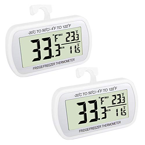 Waterproof Refrigerator Fridge Thermometer, Digital Freezer Room Thermometer, Max/Min Record Function Large LCD Screen and Magnetic Back for Kitchen, Home, Restaurants (2 Pack)