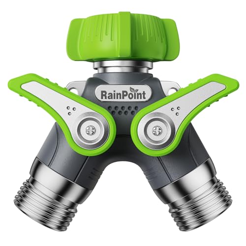 RAINPOINT Garden Hose Splitter, 2 Way Heavy Duty Water Hose Y Spigot Splitter with Shutoff Valves, 100% Metal Body Outdoor Faucet Splitter, 1.9" Extra Long Metal Handle, 3/4" GHT Thread (1, Green)