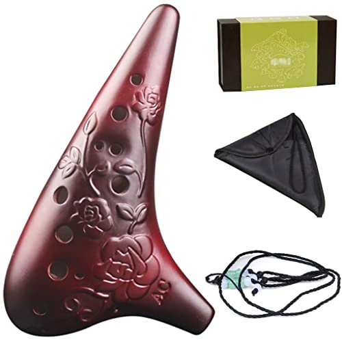 ZYCSKTL Adult Beginner 12 Hole Alto C Clay Ocarina, Natural Smoked Submarine Type Playing Instrument, Beautifully Hand-Carved Roses, Cloth Bag + Lanyard + Mouthpiece Protector, Antique Color