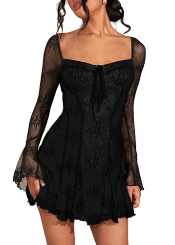 SOLY HUX Women's Lace Mesh Flare Long Sleeve Mini Dress Ruffle Flowy Party Cocktail Dresses Pure Black Medium