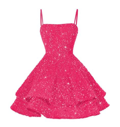 YOFF Hot Pink Sparkly Sequin Short Homecoming Dresses for Teens 2025 Scoop Neck Spaghetti Straps A-line Evening Prom Cocktail Gowns for Juniors 8