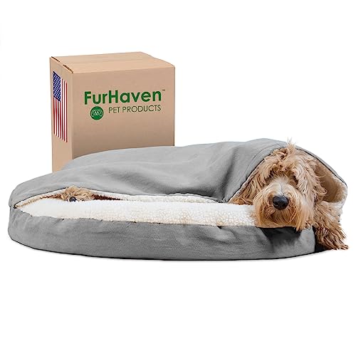 Furhaven 35" Round Orthopedic Dog Bed for Large/Medium Dogs w/ Removable Washable Cover, For Dogs Up to 50 lbs - Sherpa & Suede Snuggery - Gray, 35-inch