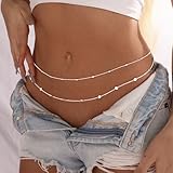 Amicon 2PCS Body Chain for Women Silver Plated Waist Beads Chain Silver Belly Belt Body Chains Waterproof Adjustable Sexy Bikini Beach Body Jewelry Daily Belts Gifts for Women 26.5-33Inch