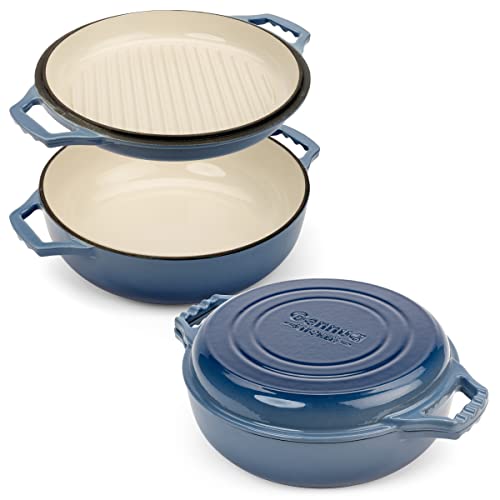 2-in-1 Enameled Cast Iron Braiser Pan with Grill Lid - 3.3-Quart Small Dutch Oven, Serves as Both Casserole & Stovetop Grill Pan, Cast Iron Cookware