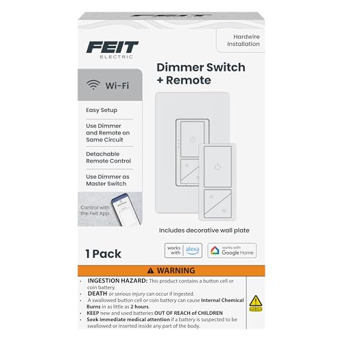 Feit Electric Smart WiFi Dimmer Switch with Remote, Single-Pole/3-Way/4-Way, Voice Control with Alexa & Google Asst, Wireless Wall-Mount Remote, App Control, Neutral Wire Required, DIM/Button/WiFi