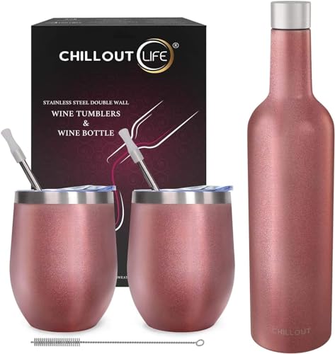 CHILLOUT LIFE Stainless Steel Wine Tumblers 2 Pack 12 oz & 1 Insulated Wine Bottle - Double Wall Vacuum Insulated Wine Cups with Lids and Straws Set - Rose Gold