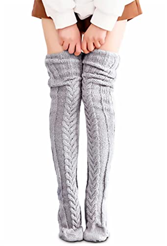 VETHIN Women's Cable Knit Thigh High Socks Over Knee High Long Leg for Warmers Stockings Extra Long Winter Knit Warm Thick Tall Long Boot Leg Warmers(Gray)