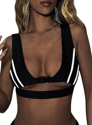 Reflective Rave Top for Women - Music Concert Crop Tank Y2K Buckle Underboob Shirt Sexy Bikini Bra Festival Outfits(Black,S,13171a)