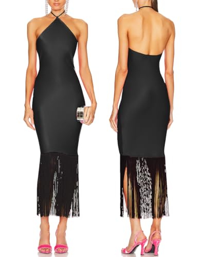 JLCNCUE Women Halter Neck Bodycon Midi Dress Fringe Hem Party Dress Sleeveless Open Back Tassels Evening Gown 262(Medium,Black)