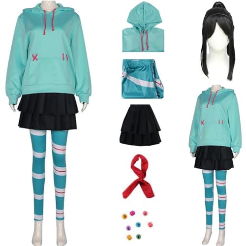 WJZAHB Anime Vanellope Von Schweetz Cosplay Costume Green Coat Black Skirt Uniform Suit Halloween Party (Costumes + wig, XXXL)