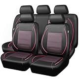 CAR PASS Piping PU Leather Car Seat Cover Full Set,Inside Zipper Design and Reserved Opening Holes，Airbag Compatible,Universal FIT for Car, SUVs,Van,Trucks（Full Set, Black & Pink）