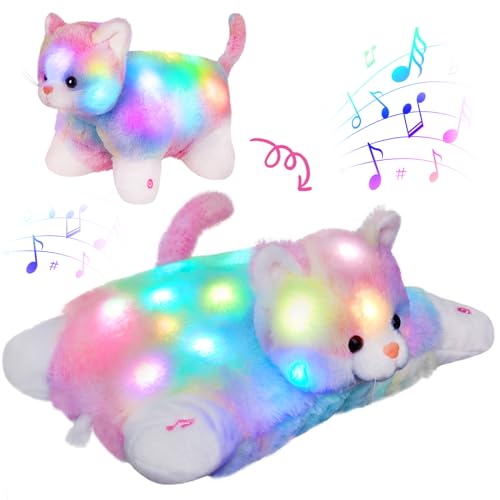 Glow Guards 16" Light Up Musical Rainbow Cat Stuffed Animal Glowing Colorful Cute Soft Kitty Plush Toy Pillow Sofa Decors Christmas Children's Day Birthday Gifts for Toddlers Kids