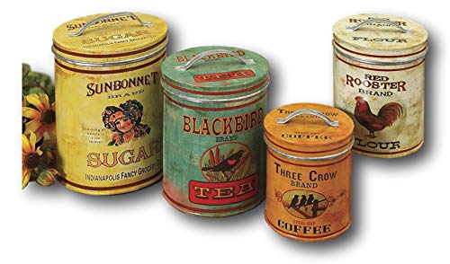 Set of 4 Large Vintage Antique Style Round Metal Nesting Kitchen Canisters with Lids Sugar Tea Coffee and Flour