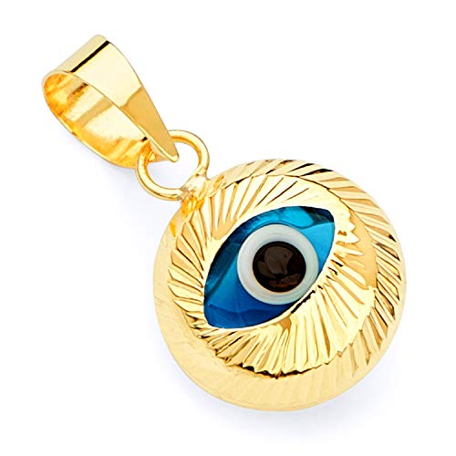 14k REAL Yellow Gold Blue Evil Eye Fluted Charm Pendant