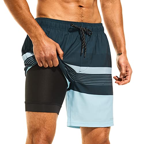 HODOSPORTS Mens Swimsuit Trunks 7" Quick-Dry Swim Shorts with Compression Liner and Zipper Pockets (3X-Large,Stripe C)