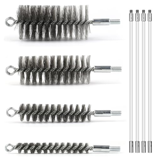 50 in Pipe Cleaning Brush Set with Stainless Steel Bristles, Wire Brush with 4 Flexible Rods, Stainless Steel Pipe Brush 4pcs for Auto Parts, Bottles, Tubes. (3/5, 1, 1 3/5, 2 in Brush Heads)
