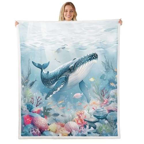 Erosebridal Kawii Whale Fleece Blanket Queen 90"x90" Marine Life Warm Plush Sherpa Blanket Cartoon Blue Sea Fishes Fuzzy Plush Throw Colorful Ocean Coral Room Decor