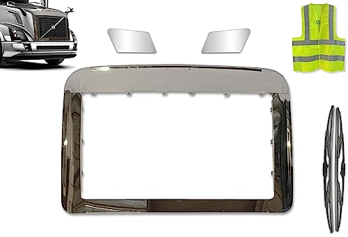 Longroadaccess Kozak Volvo VNL 2004-2017 Semi Truck Chrome Steel Bug Shield Wind Deflector with Volvo Grille Emblem and Stripe, Behind The Headlight Chrome Trim Set, 2X Wiper Blades and Kozak Vest