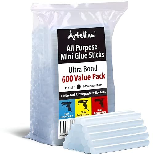Artellius Mini Hot Glue Gun Sticks (Huge Bulk Pack of 600) 4" and 0.27 Diameter - Compatible with Most Glue Guns - Gluesticks for Scrapbooking & Stamping Supplies
