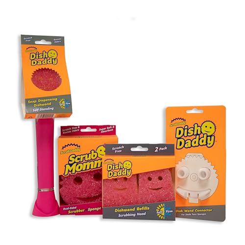 Scrub Daddy Scrub Mommy Dish Wand, Refill Heads, Sponge & Connector Head, Soap Dispensing Dish Brush, Texture Changing Washing Up Sponge, Dual Sided Non Scratch Scourers with Liquid Handle - Pink