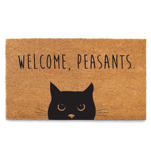 MAINEVENT Welcome Peasants Cat Doormat Outdoor 30x17 Inch, Funny Black Cat Door Mat Gift w/Non-Slip PVC Backing, Funny Welcome Mat