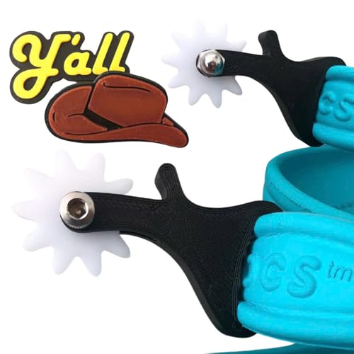 4-Pack Spur Shoe Charms, Cowboy Hat & Y'all Set for Clogs, Compatible with Crocs - Unique Cowboy-Style Accessories - Fun and Stylish mini Spur Clips for Men and Women