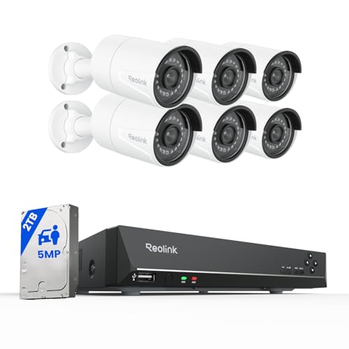 REOLINK 8CH 5MP Home Security Camera System, 6pcs Wired Outdoor PoE IP Cameras with Person/Vehicle/Pet Detection, 4K/8MP 8CH NVR with 2TB HDD for 24-7 Recording, RLK8-410B6-5MP