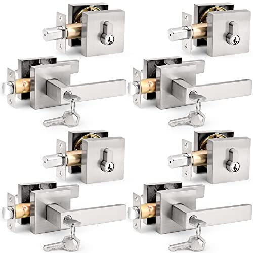 Probrico Square Keyed Entry Levers and Single Cylinder Deadbolts Combo Pack, Satin Nickel Heavy Duty Entrance Locksets for Office Bedroom and Front Door, 4 Pack Keyed Alike(All Same Keys)