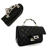 Small Quilted Crossbody Bags for Women, Soft Smooth Leather Shoulder Bags with Gold Chain Strap, Lady Classic Dressy Evening Flap Purse with Metal Top Handle, Luxury Designer Mini Handbag (Black)