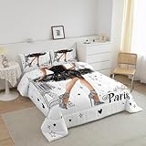 Manfei Paris Comforter Set Queen Size, Fashion Ballerina Girl Bedding Set for Kids Girls Princess Room Decor, Eiffel Tower Down Comforter, Lightweight Duvet Insert, 2 Pillowcases