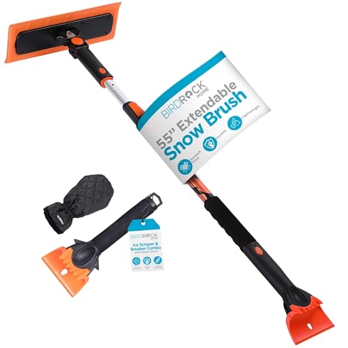 BIRDROCK HOME 55" Extendable Snow Brush with 14" Foam Head & Ice Scraper with Glove | Aluminum Grip for Car, Truck, SUV | Safe on Auto Windshield Windows | Wide Frost Remover for Semi & Small Vehicle