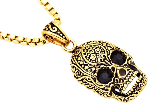 BLACKJACK Men’s Calavera Skull Pendant 316L Stainless Steel Necklace White/Gold/Black/Blue 24” Box Chain Simple Jewelry Gifts Large Cz Eyes Día de los Muertos Halloween (Gold)