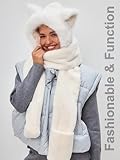 LATTEMARMALATTE Cute Cat Ears Winter Hat, 3 in 1 Plush Animal Hat with Mittens & Scarf, Faux Fur Hood for Kids Adults