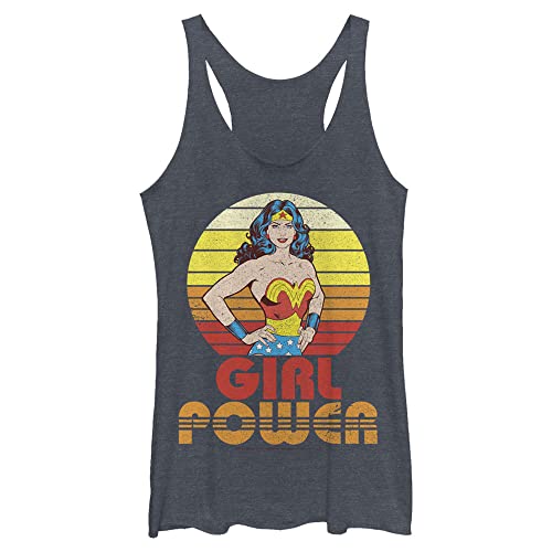 Warner Brothers Wonder Woman Girl Power 70s Retro Women's Racerback Tank Top, Navy Blue Heather, Small