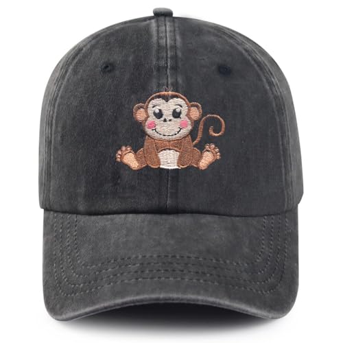 Funny Monkey Embroidered Baseball Cap for Men Women - Adjustable Cotton Washed Dad Hat Black
