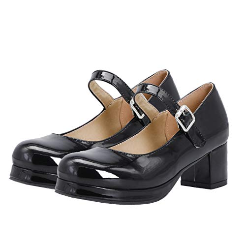 Bellirala Womens Cute Lolita Shoes Patent Leather Mary Janes Platform Chunky Heeled Pumps (Black, US 12)