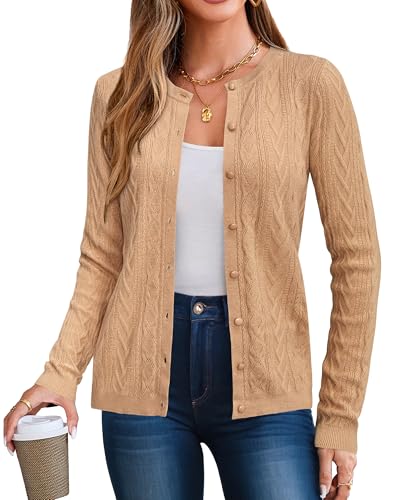 Arach&Cloz Womens 2024 Lightweight Button Down Long Sleeve Business Casual Clothes Crew Neck Soft Knit Fall Cardigan Summer Fashion Outfits Trendy Ribbed Sweater Tops Camel