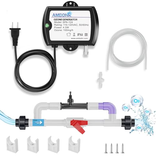 Venturi Ozone System and Ambohr Spa 124 Ozone Generator Water Treatment Kit for Cold Plunge, Hot Tub, Swimming Pool, 3/4" PVC Connection, Easy Monitoring, Plug and Play, Universal Compatibility