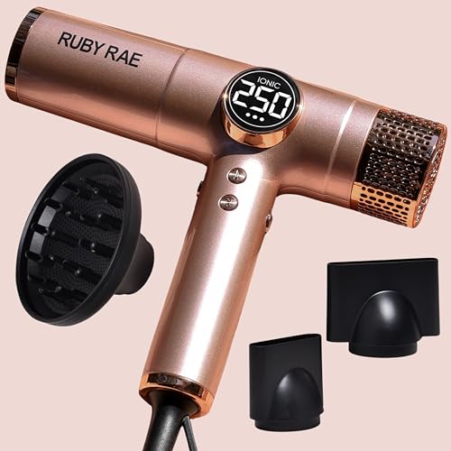 RUBY RAE - Dual Voltage Ionic Hair Dryer - 2000W Professional Blow Dryer with Diffuser - Lightweight - Fast Drying & Low Noise for Salon Quality Styling - 3 Magnetic Attachments for All Hair Types