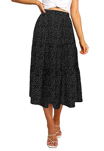 MEROKEETY Women's Boho Leopard Print Skirt High Waist Pleated A-Line Skirts Black Medium