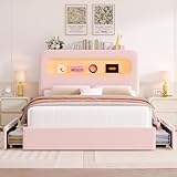 HOSTACK Full LED Bed Frame with Storage Headboard and Charging Station, Girls Bed Frame with 4 Drawers and USB Ports, Velvet Upholstered Platform Bed Frame with Bookcase, No Box Spring Needed, Pink