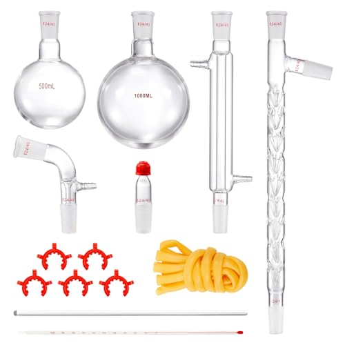 VEVOR Glass Organic Chemistry Kit - 13pcs Distillation Apparatus with 24/40 Joints, Borosilicate Glass Lab Glassware Kit including 1000ml Round Bottom Flask for Separation & Purification