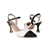 Lucibenita Low Heels for Women Closed Toe Two-Tone Black and White Dress Shoes Kitten Heel Pointed Toe Comfortable Adjustable Ankle Strap 8